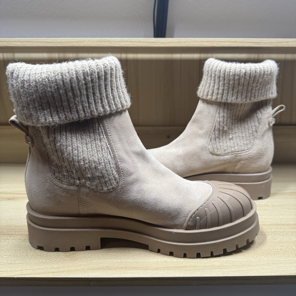 Sam Edelman Steele Knit Chelsea Boot Chunky Lug Sole Suede Leather Cozy Tan 10 - Picture 3 of 9